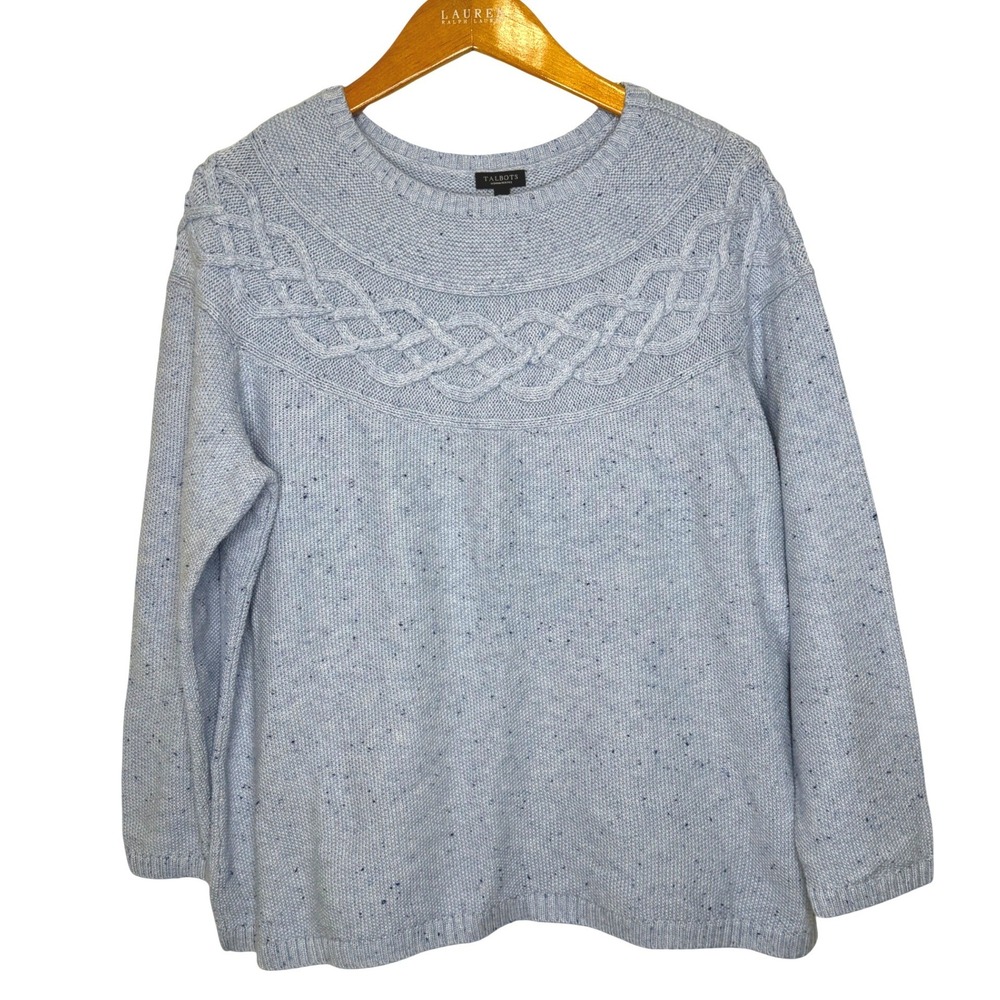Talbots Nordic Cable Knit Speckled Crew Neck Sweater Blue 2XP